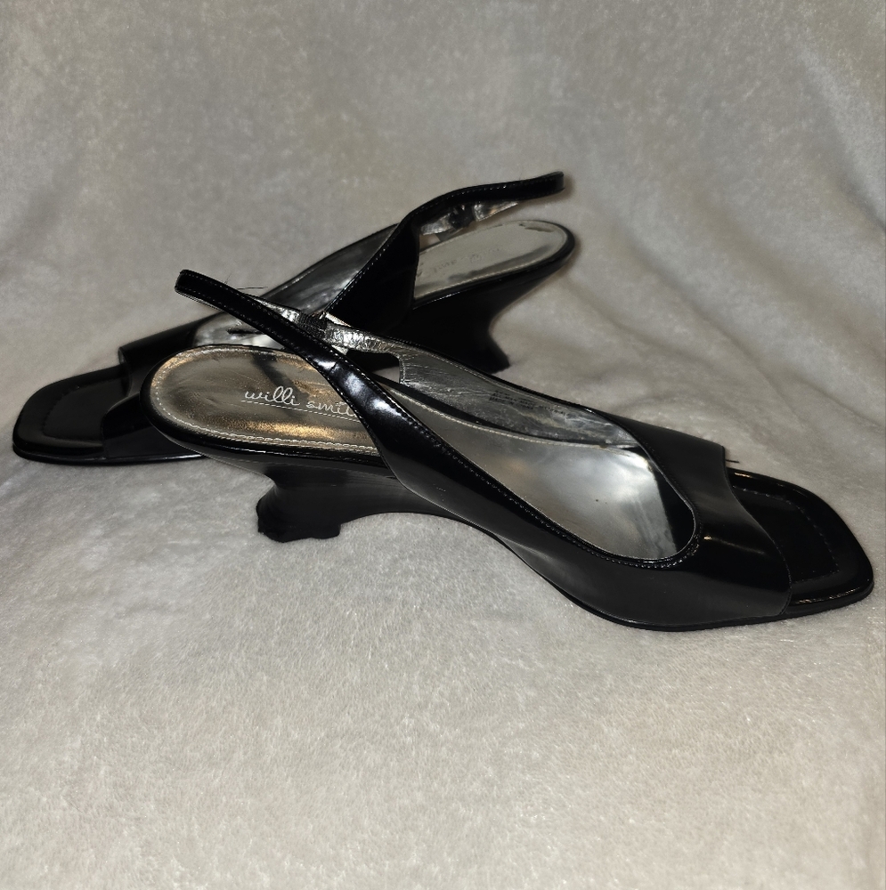 Used Willis Smith Black Patton Open Toe Kitten Heel Shoes - Picture 2 of 4